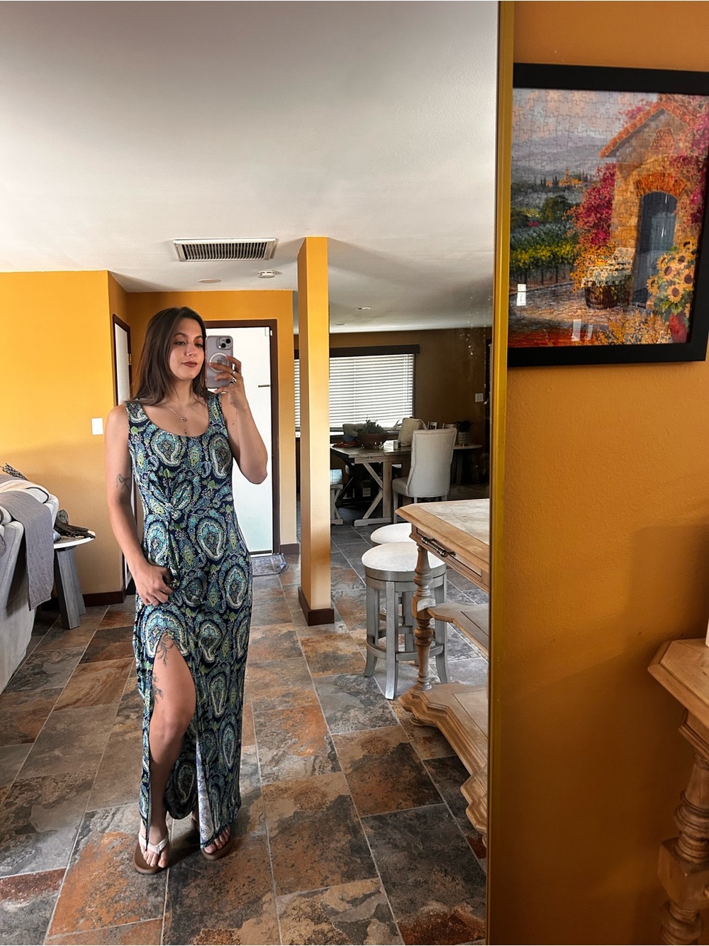 Beautiful size small maxi dress from Leota in a teal and navy patterned print